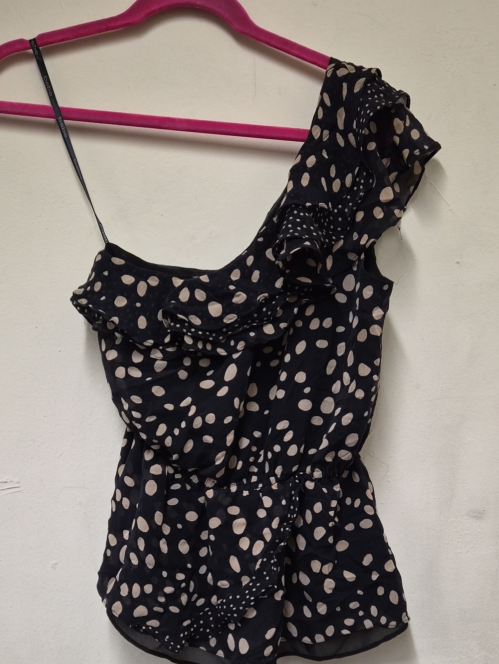 bebe Black One-Shoulder Polka Dot Top Size XS